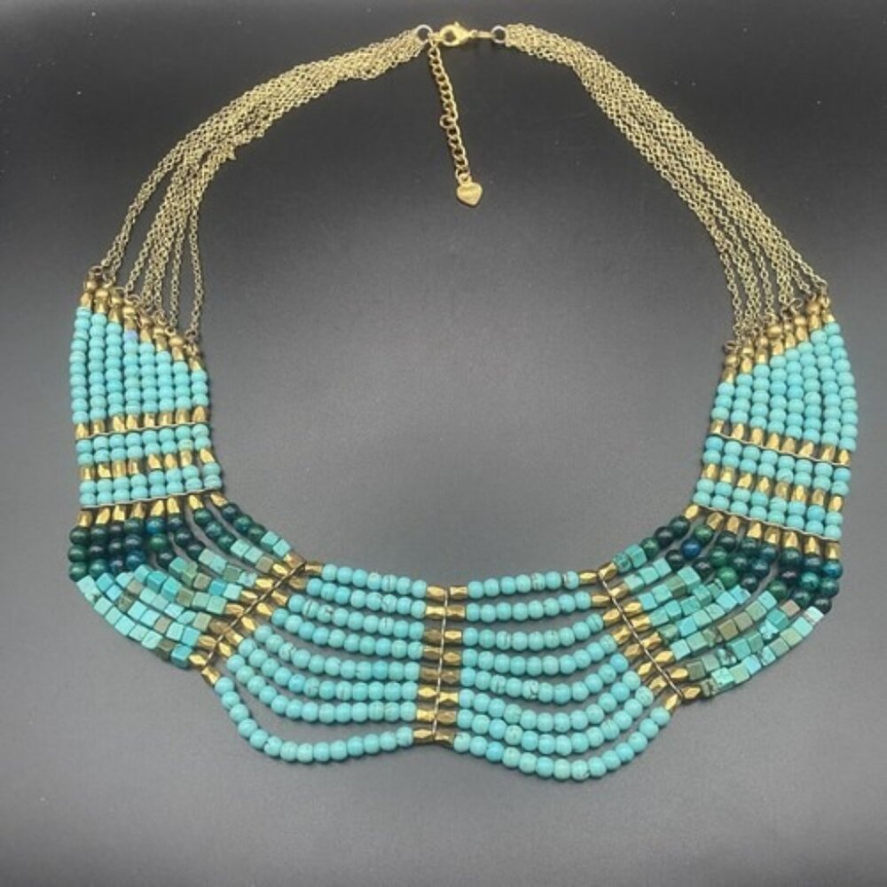 Nakamol Signed Necklace Layered Natural Stone Turquoise Bib Gold Bead  Anthro SW - Picture 2 of 11